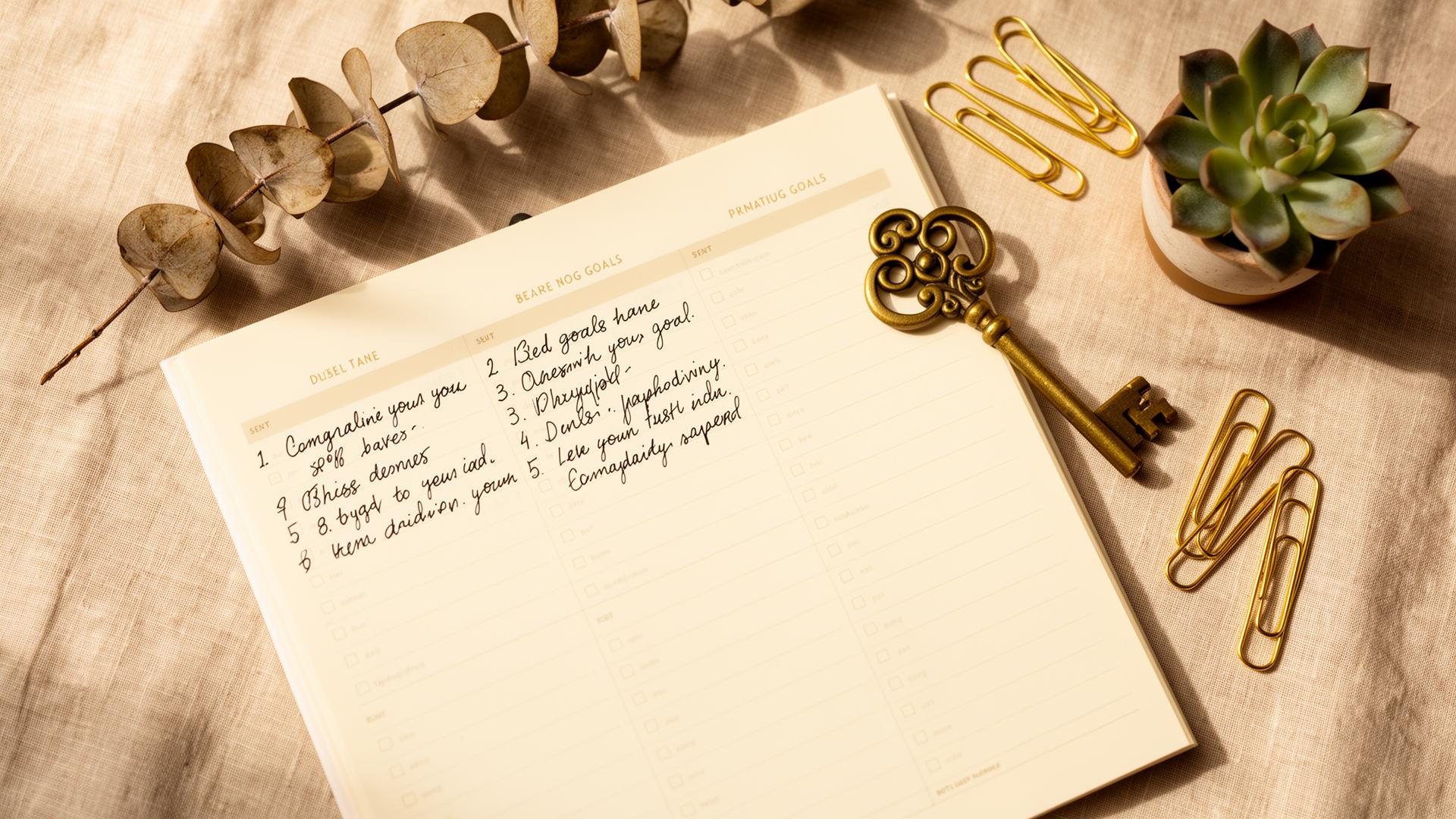 Daily planner with handwritten goals and brass key